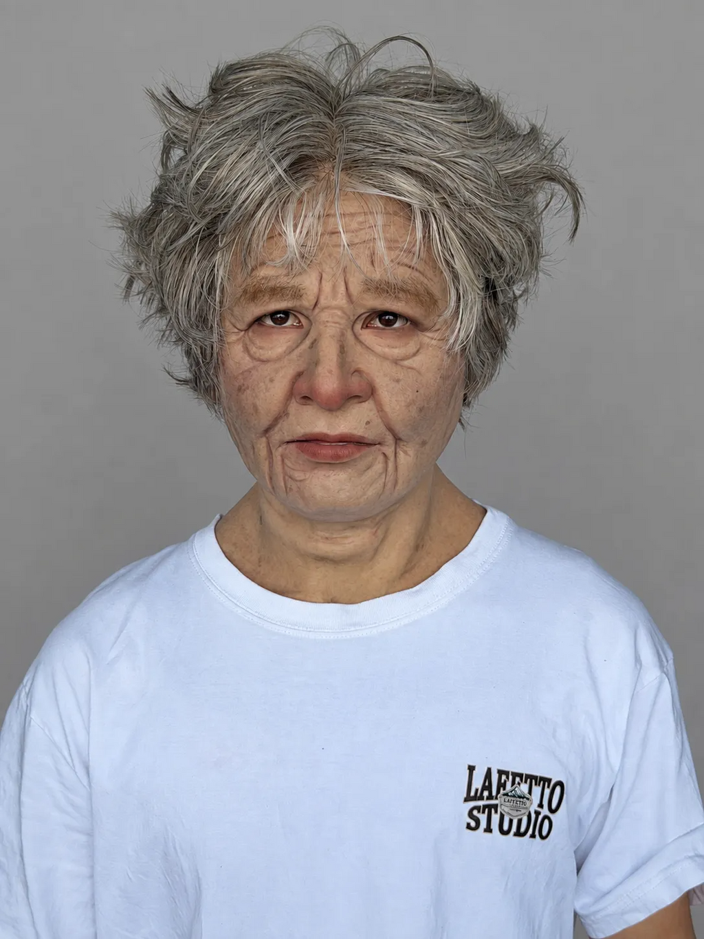 Realistic Silicone Mask of an Elderly Woman with Short Hair