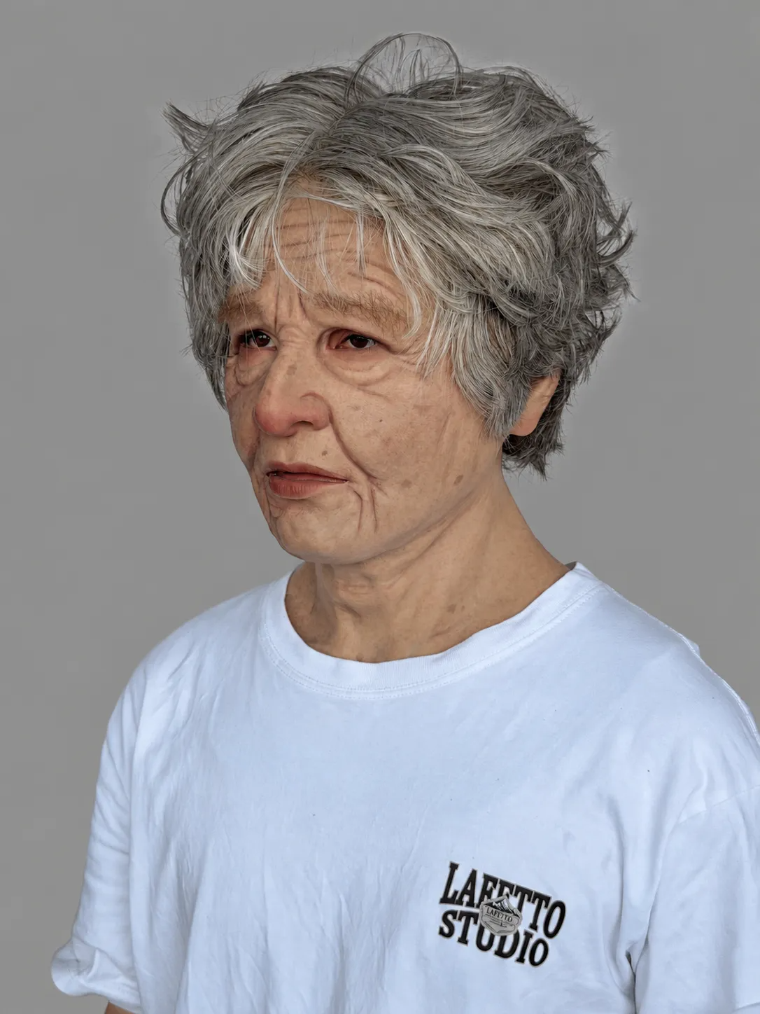 Realistic Silicone Mask of an Elderly Woman with Short Hair