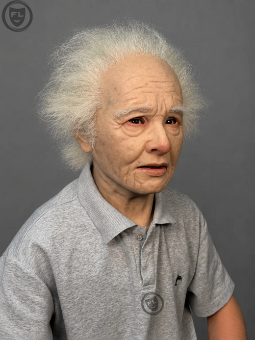 Elderly Female Silicone Mask with Wild White Hair
