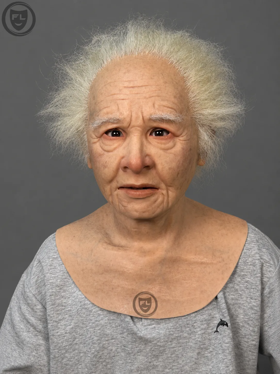 Elderly Female Silicone Mask with Wild White Hair
