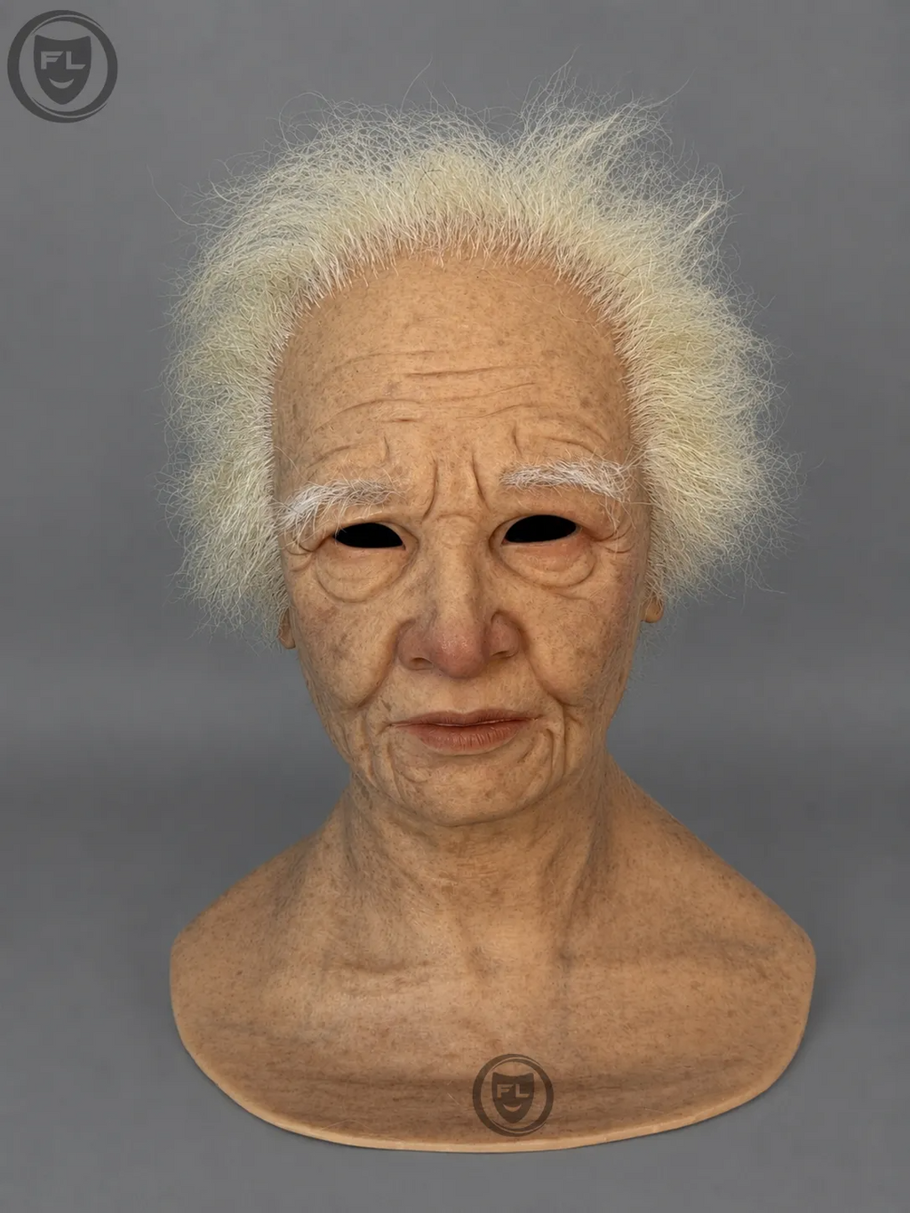 Elderly Female Silicone Mask with Wild White Hair