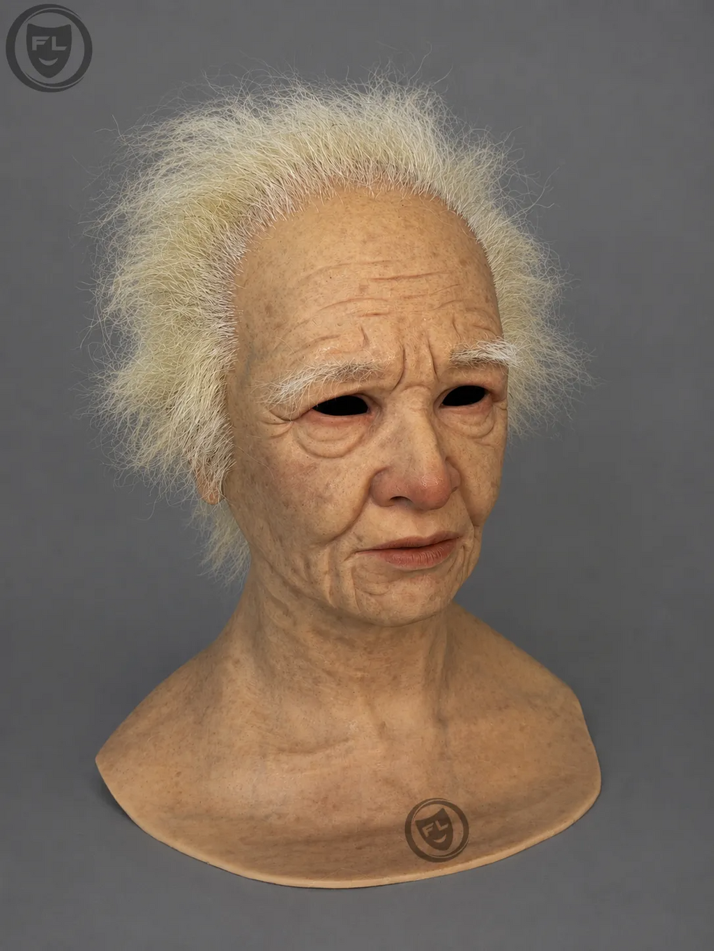 Elderly Female Silicone Mask with Wild White Hair