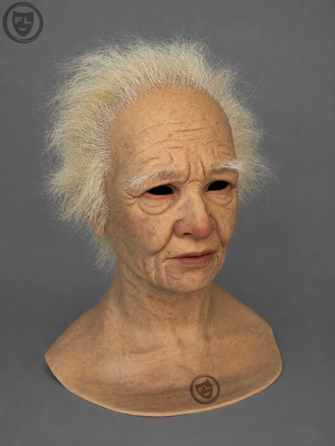 Elderly Female Silicone Mask with Wild White Hair