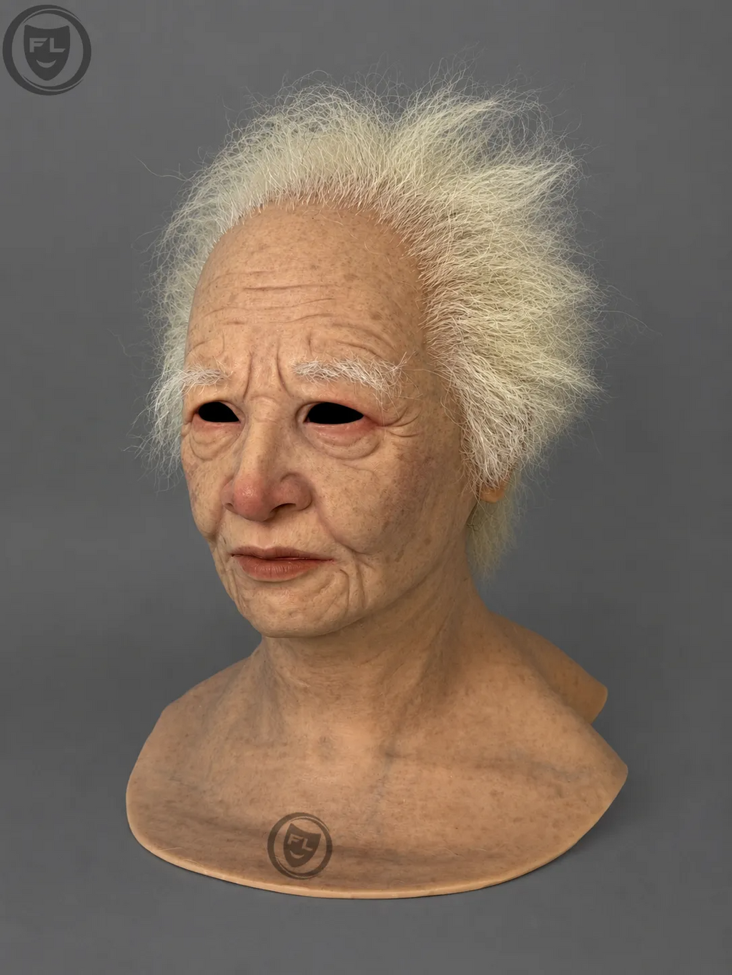 Elderly Female Silicone Mask with Wild White Hair