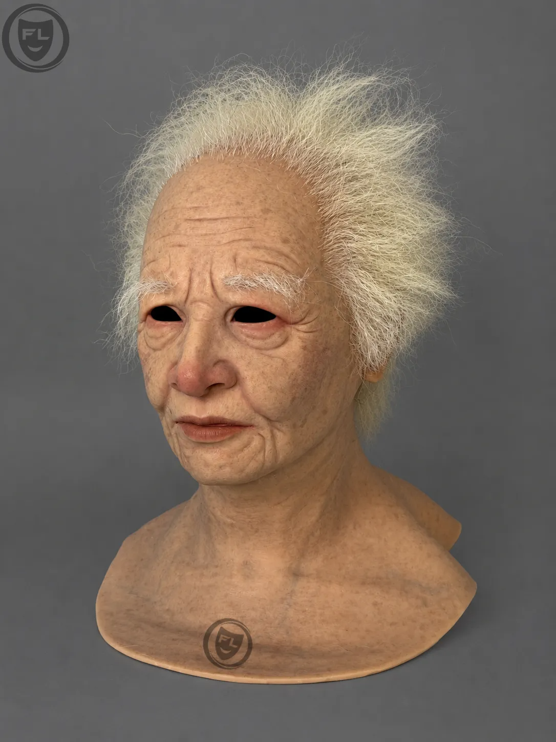 Elderly Female Silicone Mask with Wild White Hair