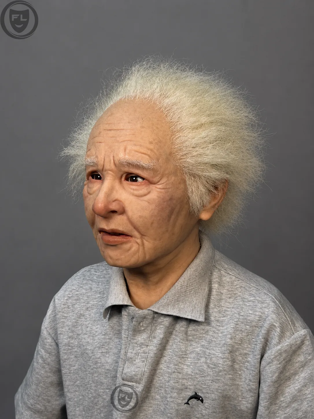 Elderly Female Silicone Mask with Wild White Hair